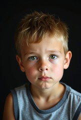 Sad little boy with blond hair looking pensive on a dark background