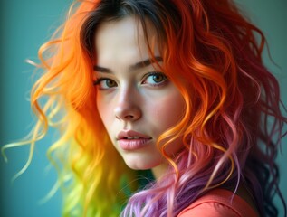 Obraz premium Young woman embracing vibrant colorful hair style
