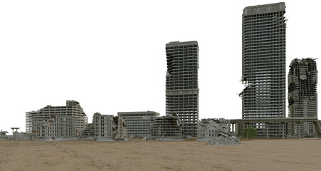 3d render abandoned city caused by war on transparent background. 