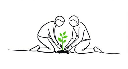 Line Drawing Illustration of Planting Together: Two People Nurturing a Seedling with Green Leaves, Emphasizing Teamwork and Environmental Care.
