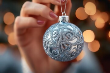 Close-up of Silver Christmas Ornament Held by Woman in Festive Atmosphere with Bokeh Effect