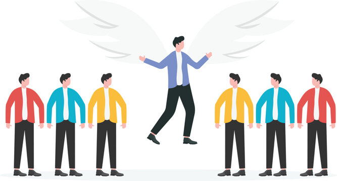 Angelic businessman stands tall among others, with wings spread wide, symbolizing ethical leadership and integrity

