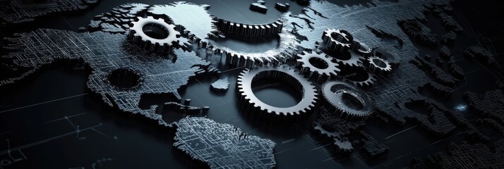 Graphic layout showcasing gears arranged over a world map design for advertising purposes