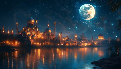 Magical Cityscape Illuminated by Golden Lights Under Starry Night Sky with Moon Reflecting on Tranquil River

