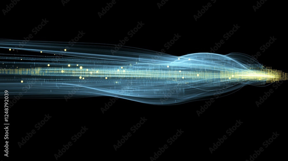 Poster abstract wavy lines with yellow particles on a black background flowing stream of data,