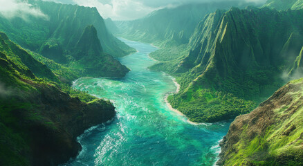 Aerial perspective showcases the vibrant emerald ocean meeting rugged cliffs and dense greenery, highlighting the natural beauty of the landscape