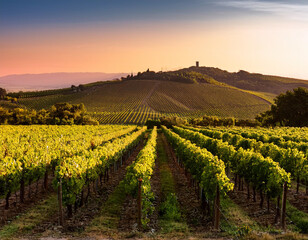 A sprawling vineyard with rows of grape vines stretching towards a distant hill at sunset.