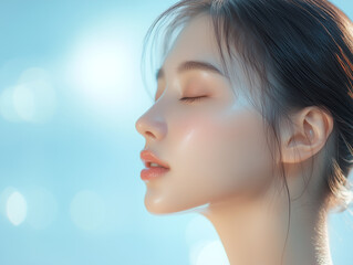 若くてかわいいアジア人女性モデルの横顔。柔らかいフォーカスで、光が差し込む爽やかな背景。