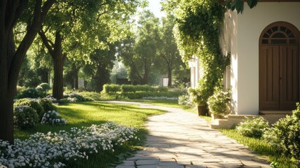 Sunlit garden path leads to house; lush trees, green lawn