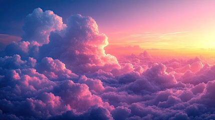 Naklejka premium Vibrant sunset over a sea of clouds, showcasing colors of pink and purple in the sky