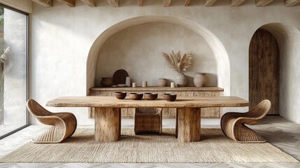 Rustic Minimalist Dining Room with Wooden Table. Generative AI