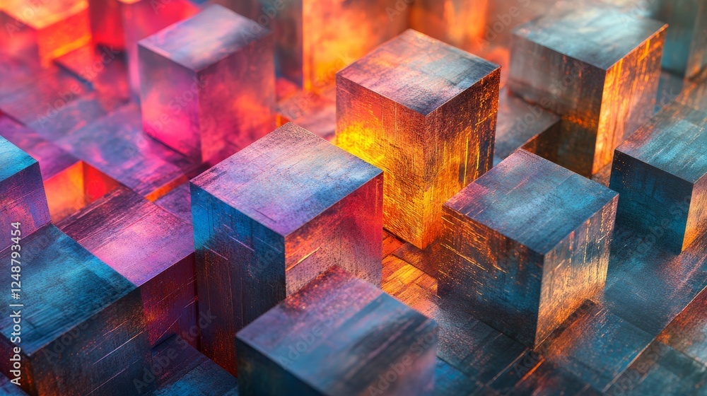 Poster colorful abstract cubic landscape with textures and dynamic lighting