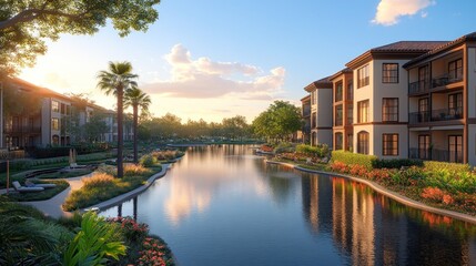 Fototapeta premium Luxury apartments with waterfront views at sunset.