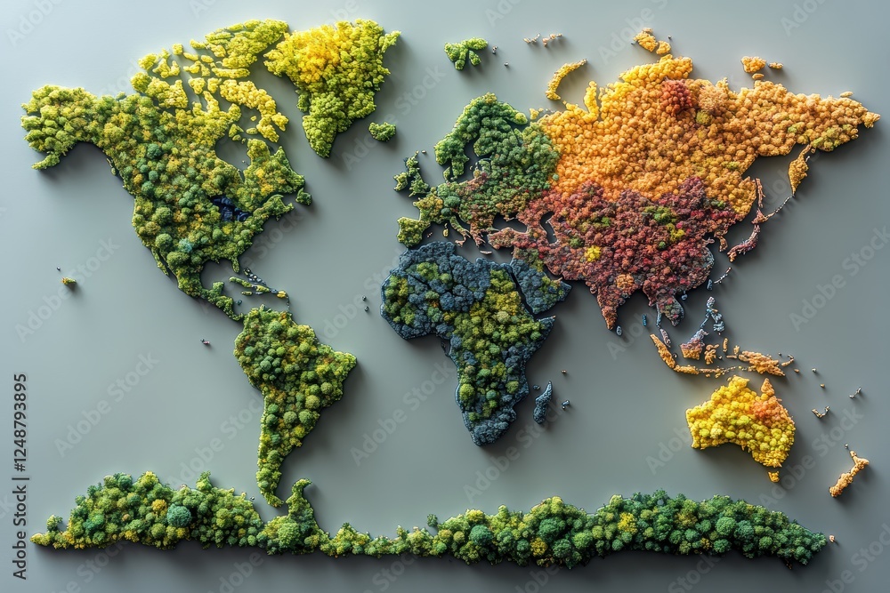 Poster world map created from colorful tree shapes enhancing environmental awareness and design