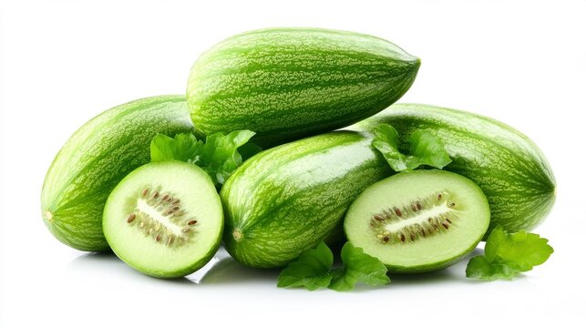 Whole and Sliced Pointed Gourds on White Background. Generative AI