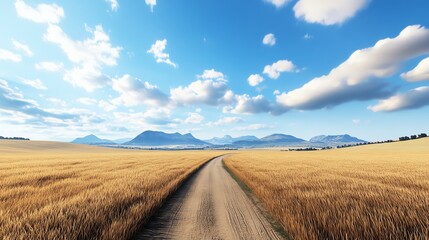 Fototapeta premium Rural dirt road, golden wheat fields, rustic charm, 3D illustration