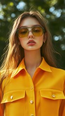 Woman in yellow jacket and sunglasses wearing sustainable streetwear in urban setting realistic photography