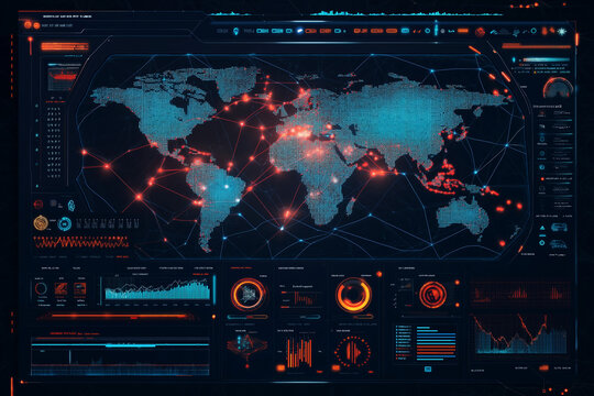 Futuristic blockchain interface display with global map - Decentralized network and cryptocurrency concept for business and finance