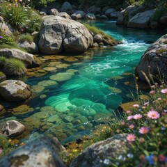 Clear, turquoise waters flow over smooth stones, framed by wildflowers, creating a tranquil river scene that exudes natural beauty, ideal for promoting peace and serenity in nature.