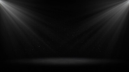 Spotlights Abstract Stage in the Dark Seamless. Scene with White Volume Lights, Backlit Dust Particles on Black Background Looped 3d Animation. Spot of Light on Floor. Design Element for Overlays 4k.