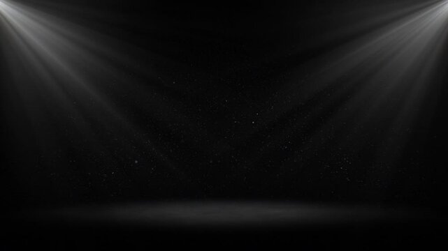 Spotlights Abstract Stage in the Dark Seamless. Scene with White Volume Lights, Backlit Dust Particles on Black Background Looped 3d Animation. Spot of Light on Floor. Design Element for Overlays 4k.
