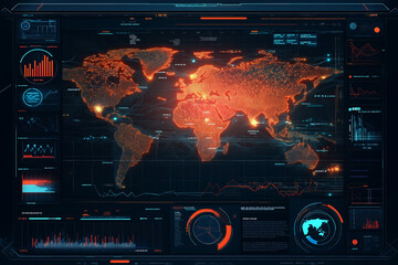 Futuristic blockchain interface display with global map - Decentralized network and cryptocurrency concept for business and finance