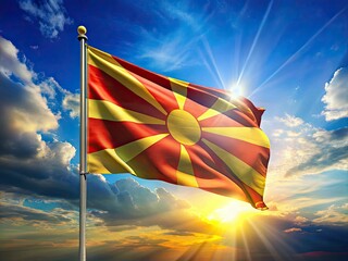 High-resolution drone shot: North Macedonia's flag waving proudly against a vibrant blue sky.  A patriotic aerial view.