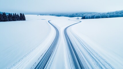 Obraz premium Snowy urban road with cars leaving tire tracks in fresh snow, winter season mood, festive and cozy coldweather atmosphere