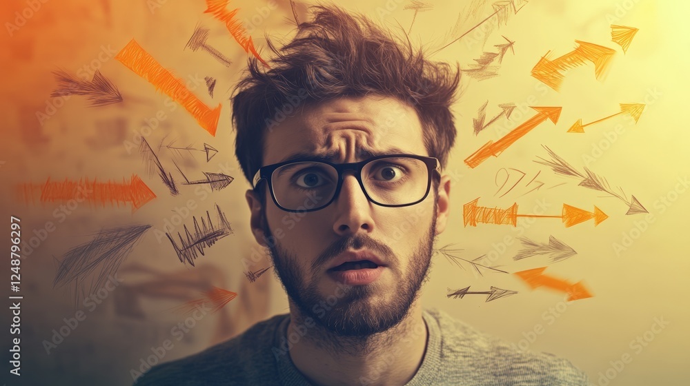 Poster young man wearing eyeglasses experiencing information overload with drawn arrows pointing in all dir