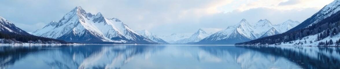 Snow capped mountains reflect on a serene lake's surface, alaska, frozen, landscape