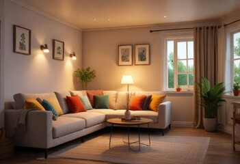 Fototapeta premium Small cottage with dimmable lighting and comfortable furniture, warm colors, relaxing environment