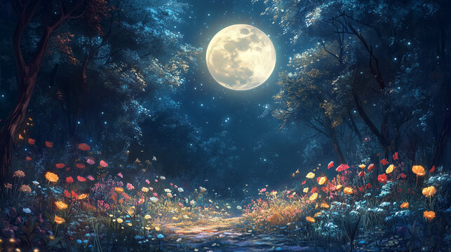 Paisaje nocturno con luna llena