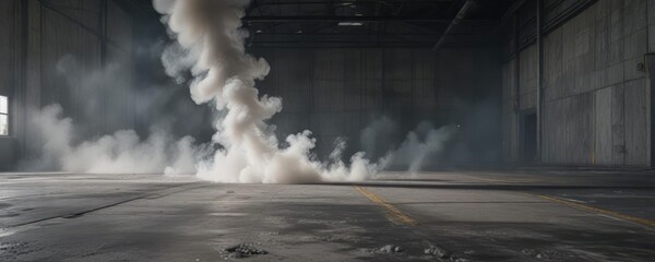 Sinister smoke creeping along industrial concrete floor, foggy, dark, mysterious