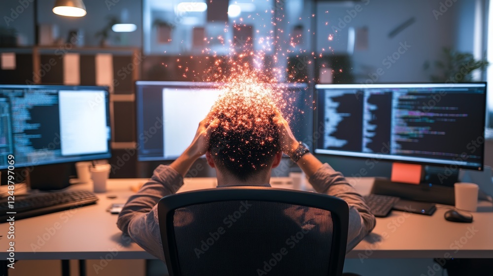 Aufkleber Programmer experiencing information overload and burnout, with head exploding with code and data while working late at night in office, concept of stress, mental health, and work life balance