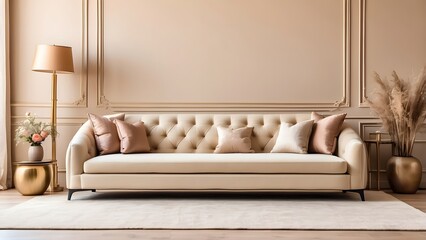 Luxury Table with Sofa Set in Living Room banner with empty space Without Text, beige luxury background, interior furniture design mockup, holiday banner poster background for advertisement ads