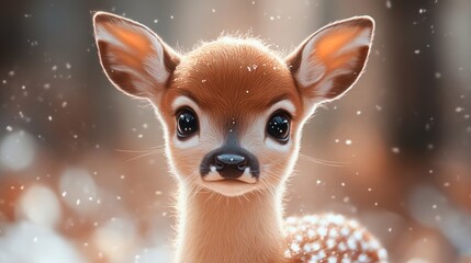 Adorable fawn gazing curiously amidst a serene snowy forest setting with soft sunlight