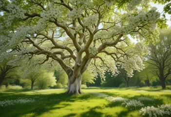 Fototapeta premium Scenic view of white horse chestnut tree in spring with surrounding greenery, greenery, natural setting, countryside view, towering