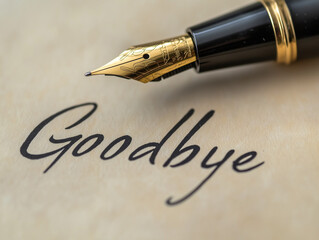 A pen is on a piece of paper with the word "Goodbye" written in cursive