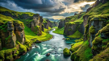 Iceland's Mulgljufur Canyon: a surreal river flows through vibrant green walls, a dreamlike scene.