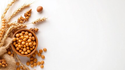 Golden Soybeans and Wheat on White Background. Generative AI