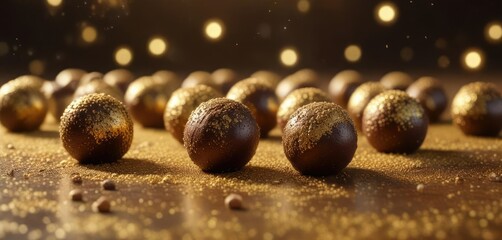 Naklejka premium Rich dark chocolate truffles shaped like miniature spheres, topped with edible golden dust for a radiant glow, decadent chocolates, fine chocolates