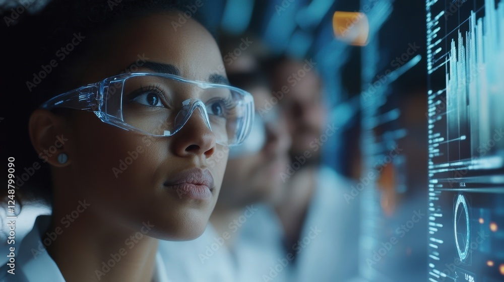 Poster focused scientist wearing protective eyewear examines complex data on a digital interface. highlight