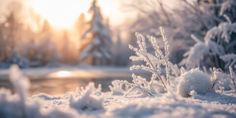 Frozen plants in hoarfrost soft sunlight. Peaceful nature winter landscape with sun flare. Seasonal dry leaves covered in frost on sunny morning. 
