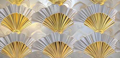 A luxurious art deco fan pattern with metallic gold and silver accents