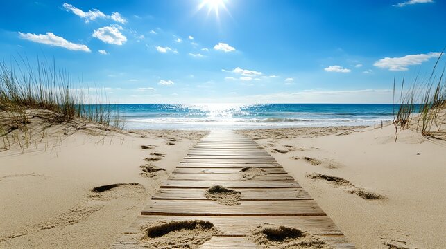 Wooden boardwalk leading to an untouched beach, footprints in the sand, ocean breeze swaying dune grass, serene and inviting coastal escape