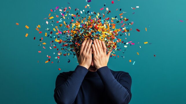 Businessman covering his face with his hands while colorful confetti explodes from his head, representing stress, information overload, and mental health challenges in a vibrant, symbolic image