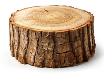 Isolated oak stump, rustic texture, deep depth of field, showcasing natural wood grain and annual rings, cracked surface.