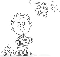 Happy little boy with a remote controller steering a flying toy helicopter, black and white outline vector cartoon illustration for a coloring book