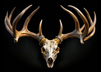 Isolated whitetail deer skull antlers, stark black backdrop.  Nature's art, a hunting trophy.