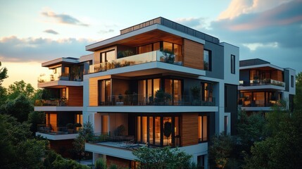 Modern apartment building at sunset, showcasing sleek architecture, spacious balconies, and warm interior lighting.